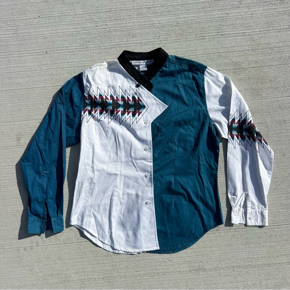 Vintage 90s Adobe Rose Aztec Arrow Cross Over Teal White Western Shirt LARGE